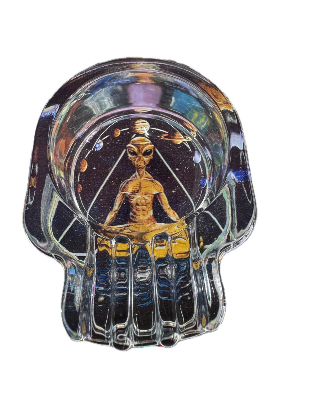 Colorful Vintage Cigar Ashtray Thick Glass Tobacciana Heavy Cut Art -Alien